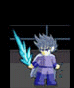 Pixelated character with spiky gray hair in purple outfit holding blue energy sword, then crouching with white cape, then blurred motion effect.