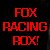 Red pixelated text 'FOX RACING FOX!' on black background next to a stylized fox head logo with white outline and red/black fill inside a bordered frame.