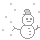 Pixelated snowman with gray top hat, black eyes, and mouth, three buttons on torso, gray arms, standing against gray background with white square snowflakes.