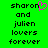 Green background with black pixelated text reading 'sharon and julien lovers forever' on both sides, one side featuring a pink heart symbol replacing the letter O in sharon.