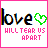 A 4-frame animated contact sheet showing a pixelated text-based icon with 'love' and a green heart symbol, followed by pink text reading 'HILL TEAR US APART', where the heart's outline alternates between solid and hollow across frames.