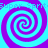 Four identical cyan and purple spiral patterns arranged in a on a solid cyan background with partial pixelated text