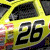 Animated contact sheet of a yellow NASCAR race car with number 26, showing multiple frames including close-ups and full-body views against white background.