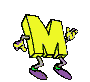 Yellow blocky M-shaped character with purple shoes and green ankle accents performing various poses against gray background.