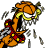 Pixelated cartoon character with orange fur, yellow eyes, and red accents in a dynamic pose against gray background.