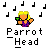Pixelated character with blonde hair holding a green parrot on shoulder, surrounded by black musical notes on gray background, with 'Parrot Head' text below.