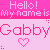 Pixelated pink and white graphic with 'Hello! My name is Gabby' text, two heart symbols, and a repeating pattern of dots.