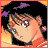 Pixelated anime-style character with orange hair and red clothing, side profile against black background with purple stars and orange accents.