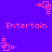 Pixelated pink text and geometric shapes on a solid purple background, with repeated patterns of squares and dots.