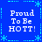 Blue background with four identical text blocks reading "Proud To Be HOTT!" in white pixelated font, surrounded by cyan decorative borders and asterisks.