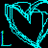 Pixelated neon-style heart and text graphics in cyan, green, orange, pink, purple hues on black background with gray rectangle.
