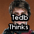 A four- shows a person with brown hair and glasses, wearing a dark robe over a red garment against an orange-brown background. Text overlays read "Tedb Thinks" in the top-left and "Harry Potter Rocks" across the bottom two