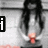 A pixelated image of a person with long dark hair holding a red object, overlaid with changing text elements.