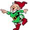 Pixelated elf character in green tunic and red boots, red pointed hat, white beard, arms outstretched, mouth open in laughter, left leg lifted, standing against gray background.