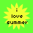 Four identical yellow sunburst icons with black text 'i love summer' on a bright green background, arranged in a