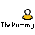 A pixelated animation of a mummy figure in yellow bandages with white eyes, transitioning from full body to scattered fragments against gray background.
