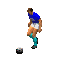 A sequence of four animated frames showing a pixelated soccer player in blue jersey, white shorts, and cyan socks kicking a black-and-white ball against gray background.