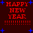 Red 'HAPPY NEW YEAR' text with exclamation marks and blue stars on a dark background, displayed in four identical