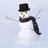 Pixelated snowman icon with black top hat, orange carrot nose, black scarf, and outstretched arms against light blue background.