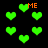 Green pixelated hearts and orange 'ME' text on black background with varying heart sizes and positions.