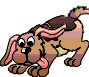 Pixelated cartoon dog with brown and pink coloring, large eyes, and a curled tail in two sequential poses showing tail movement.