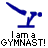Blue pixelated gymnast figure in mid-air pose with text 'I am a GYMNAST!' and 'Instant Icons .com' on gray background.