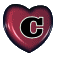 A red heart-shaped icon with a black letter C in the center, shown from multiple angles including front, side, and rotated views.