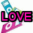 Pixelated text reads 'LOVE IS MUSIC TO MY EARS!' over overlapping blue and pink music player icons on white background.