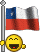 Yellow emoji face with closed eyes and open mouth holding a waving flag on a pole against gray background.