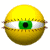 A 3x2 contact sheet of six animated frames showing a yellow spherical character with green eyes and stitched eyelids transitioning between open, closed, and partially closed states.