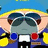Pixelated character with sunglasses and blue jacket, hands raised in front of face, surrounded by text elements.