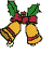 Six pixelated bell icons with holly and bows arranged in two , showing motion effects like falling snow or sparkles