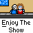 Animated contact sheet showing 25 frames of a pixel art buddy icon sequence with stick figures, landscape backgrounds, and text "Enjoy The Show" across multiple rows.