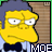 Yellow-skinned cartoon character with gray hair and black bow tie, standing against brown background with repeated text "MOE" below.