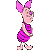 Pixelated cartoon character with large pink ears and dress standing against gray background.