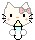 Pixel art of a white cat with pink bow holding baby bottle, two variations showing different facial expressions and body positions.