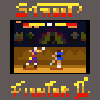 Pixel art animation of four fighting game scenes with health bars, featuring characters in combat poses against varied backgrounds.