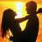 Silhouetted figures with wings kiss against a fiery orange-yellow background; text 'kiss me' appears in the lower right.