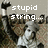 Pixelated image with white text reading 'stupid string...' over a blurred background featuring dark and light shapes.