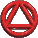 Red geometric shapes with triangular cutouts in circular and oval forms, connected by a vertical bar on a gray background.
