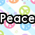 Pixelated image split into two sections: left side shows 'Peace' text over colorful peace symbols, right side displays 'Love' text inside a purple neon heart.