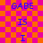 Blue text on a checkered orange and pink background displays 'GABE IS I GABE' in two identical vertical with slight pixel distortion