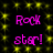 Pixelated pink text "Rock star!" repeats across a black background with yellow sparkles, displayed in two and two