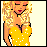 Pixelated image of a woman with blonde hair wearing a yellow dress with white polka dots and plus signs, shown in three variations of eye expression.