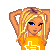 Pixel art buddy icon featuring a blonde female character in yellow top and denim skirt with 'TeXas Grl' text on black background.