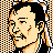 Pixelated 48x48 AIM buddy icon featuring a stylized character with black hair, orange and beige skin tones, and an orange-and-black checkered background pattern.