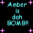 Pixelated cyan text 'Amber is doh BOMB!!' with pink plus signs on black background, animated by changing star positions.