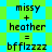 Pixelated text displays 'missy + heather = bfflzzzz' on a green and blue checkered background with star-shaped patterns.