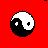 Pixelated yin-yang symbol with black and white halves on solid red background, rendered in 8-bit style.
