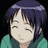 Pixelated anime-style character with closed eyes and purple hair wearing a green top, next to stylized text on black background.